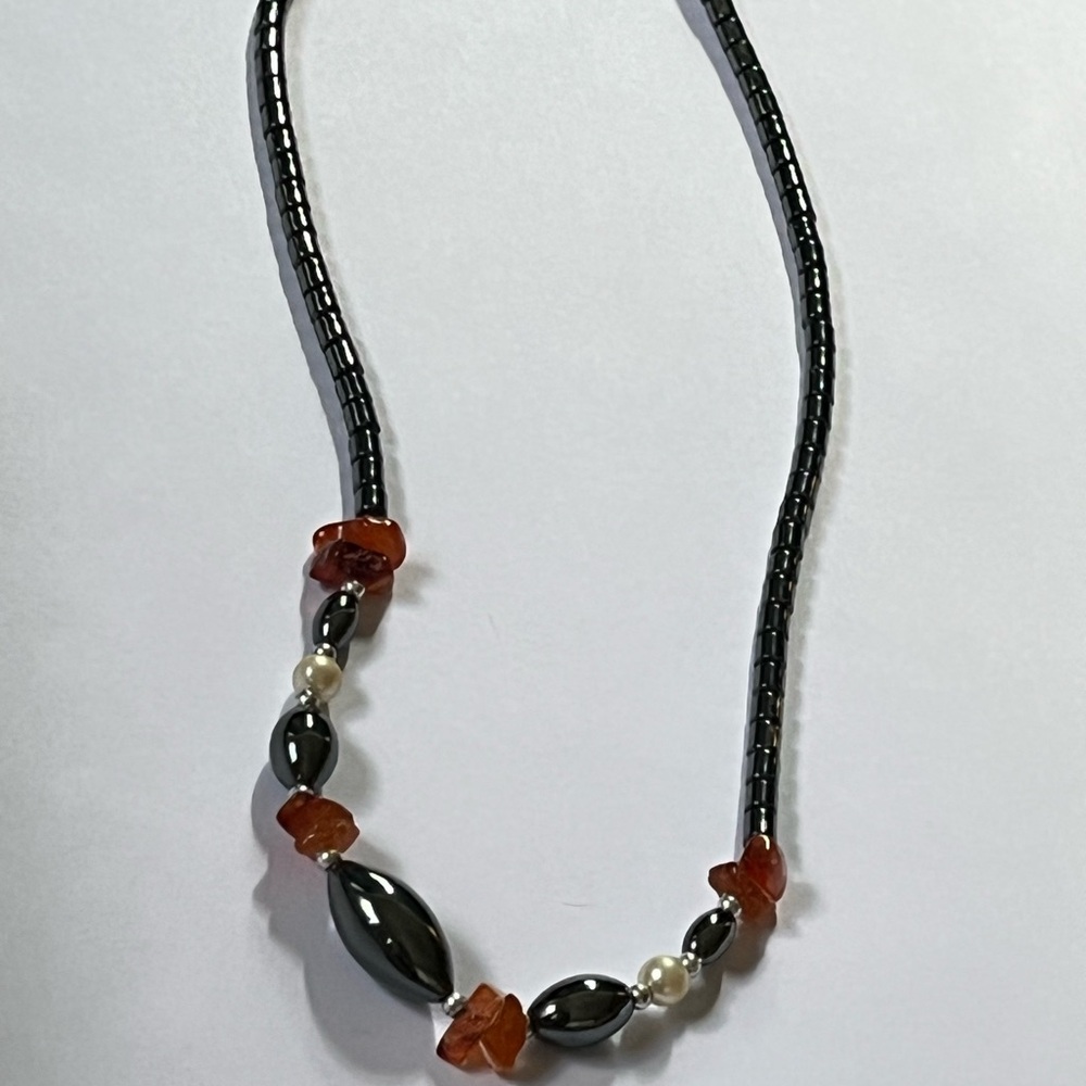 Elegant Black and Orange Beaded Necklace Hematite and Assorted Stone Pearl Beads